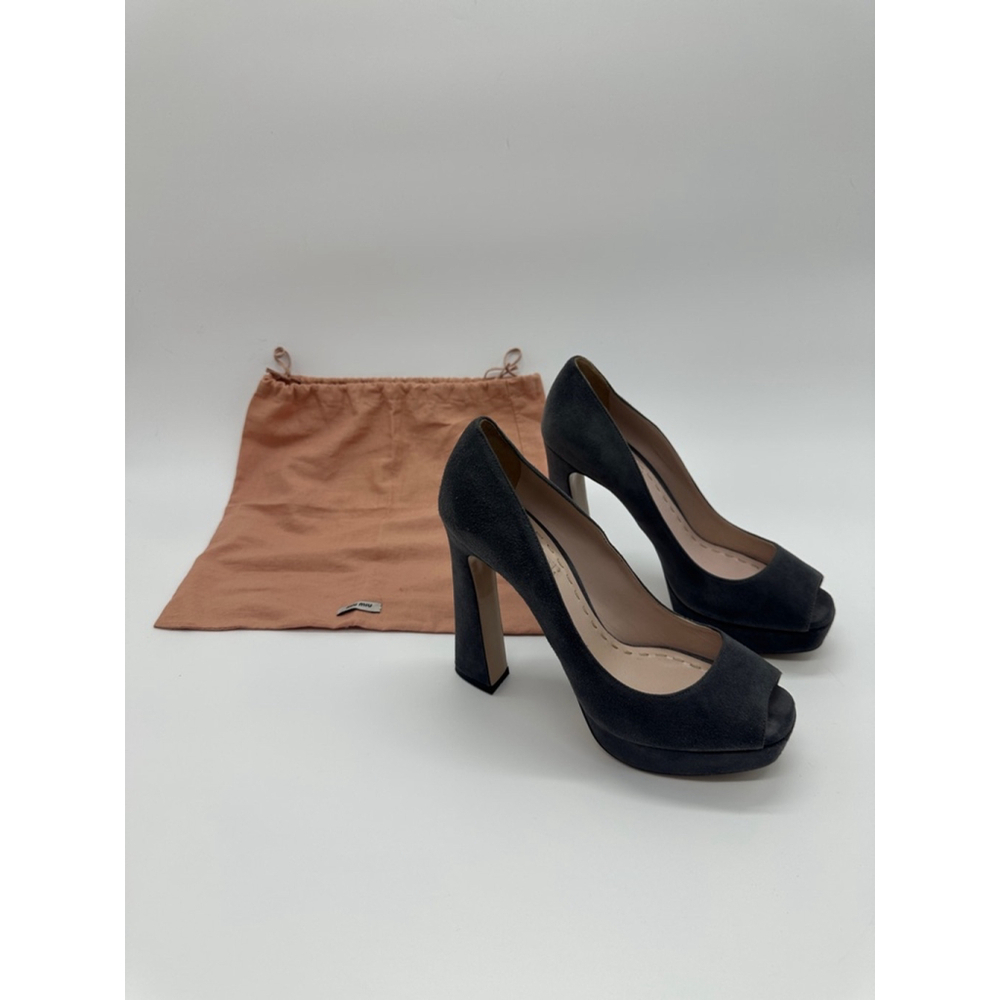 Miu Miu Gray Suede Peep Toe Platform Heels Size 37.5 (US 7) with Dust Bag - Picture 3 of 7